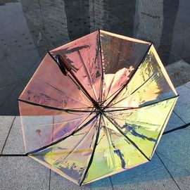 रेन विंडी डे के लिए रंगीन इंद्रधनुषी होलोग्राम पारदर्शी वर्षा छाता